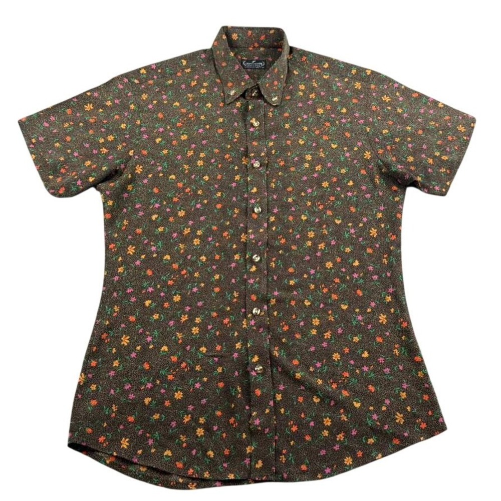 Vintage James Fashion Shirt Men M Brown Floral Print Button Up Down Short Sleeve